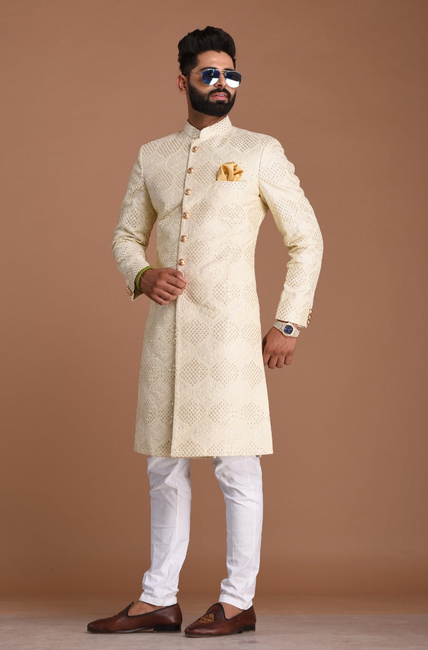 Lucknowi Chikankari With Sequin Work | Pearl White Color | Maharaja Style Sherwani