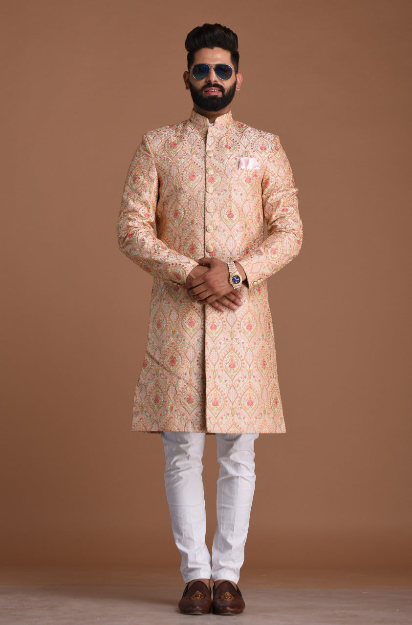 Lucknowi Heavy Embroidered Light Pink Royal Sherwani