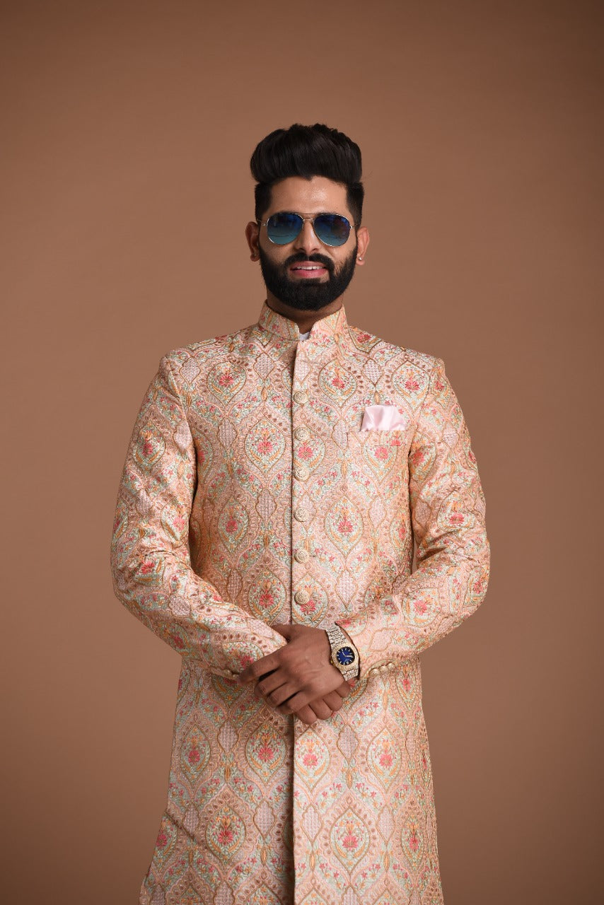 Lucknowi Heavy Embroidered Light Pink Royal Sherwani