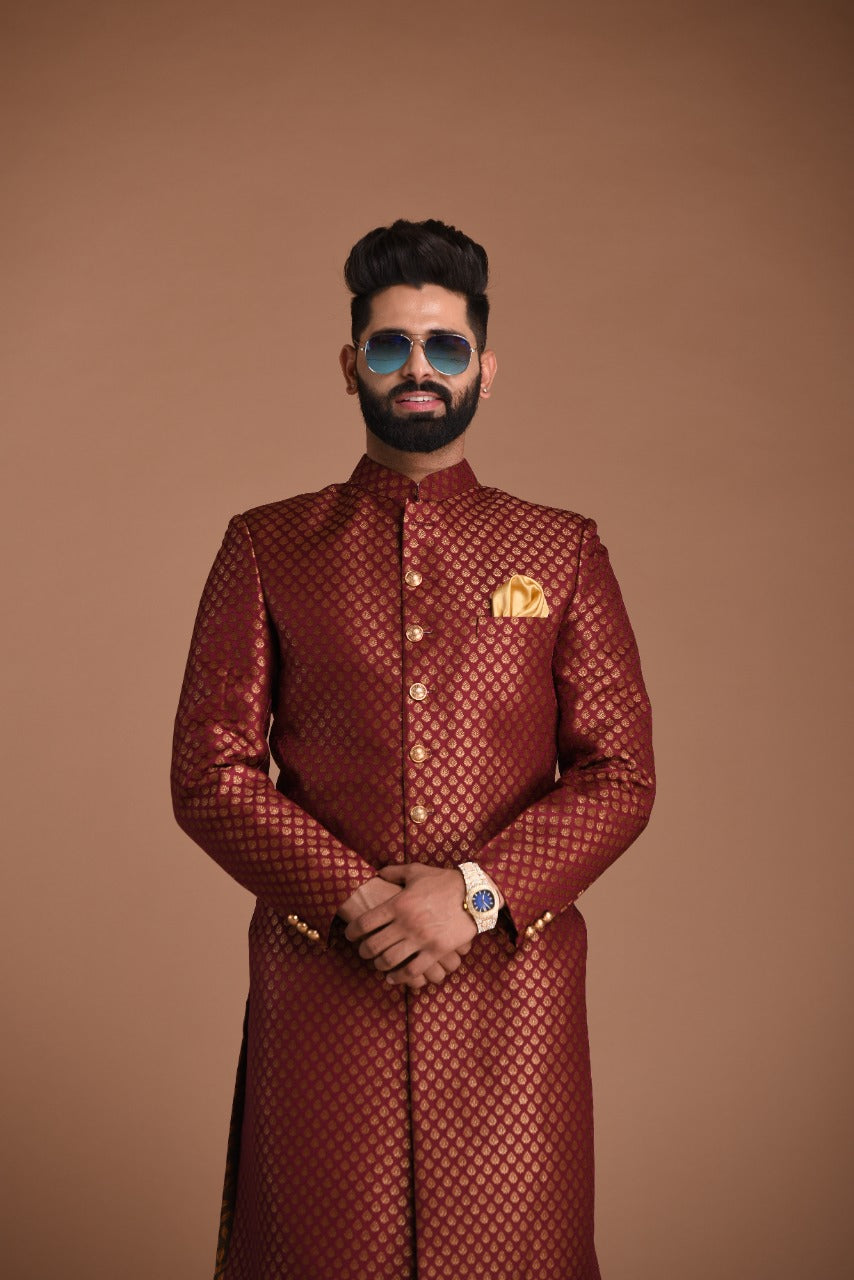 Maroon and Golden Booti Pattern Brocade Silk Maharaja Style Sherwani