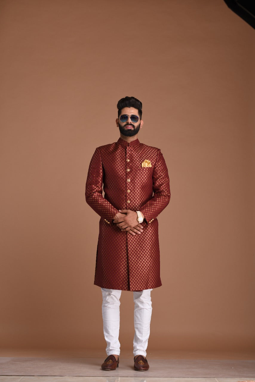 Maroon and Golden Booti Pattern Brocade Silk Maharaja Style Sherwani