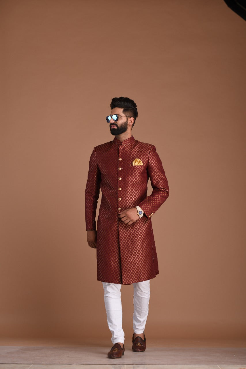 Maroon and Golden Booti Pattern Brocade Silk Maharaja Style Sherwani