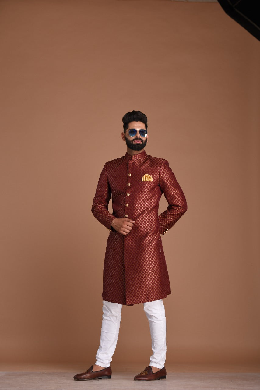 Maroon and Golden Booti Pattern Brocade Silk Maharaja Style Sherwani