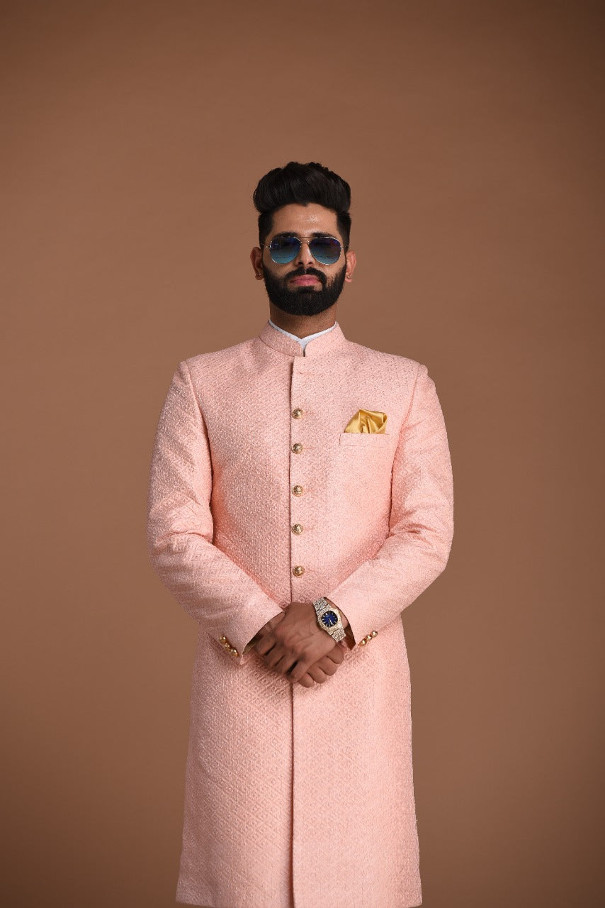 Pink Color Royal Club Pattern Brocade Silk Sherwani