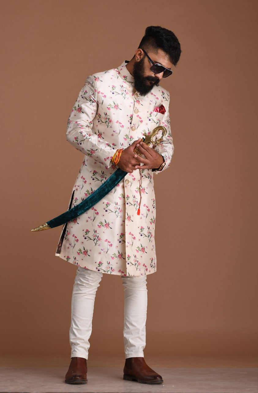 Premium Silk Pearl White Foral Printed Achkan