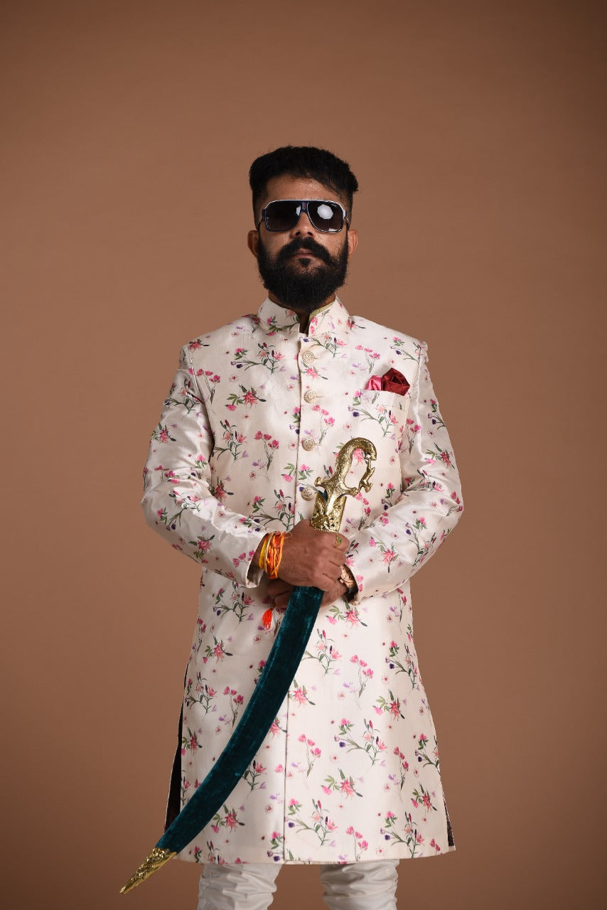 Premium Silk Pearl White Foral Printed Achkan