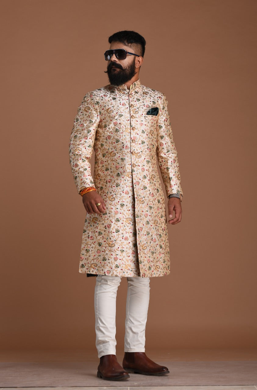 Royal Banarasi Heavy Floral Embroidery Cream Sherwani