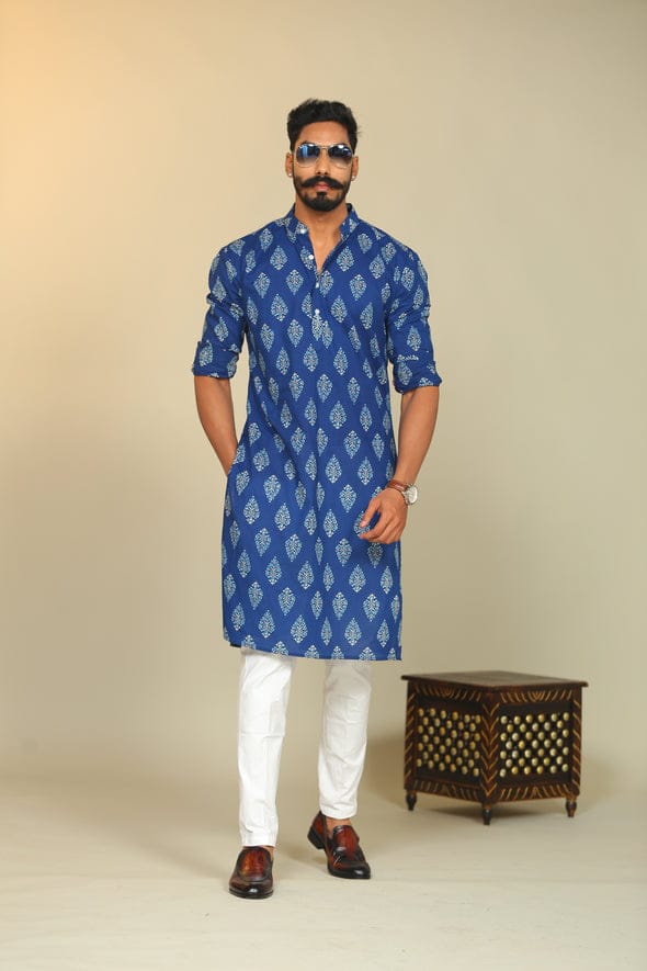 Cotton Sanganeri Booty Printed Navy Blue Hunting Kurta
