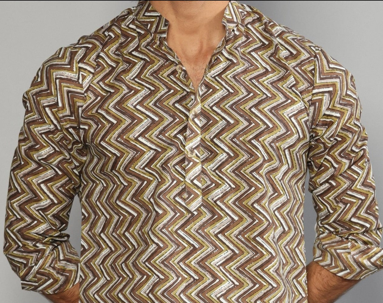Cedar Brown Zigzag Printed Sanganeri Kurta Pyjama Set