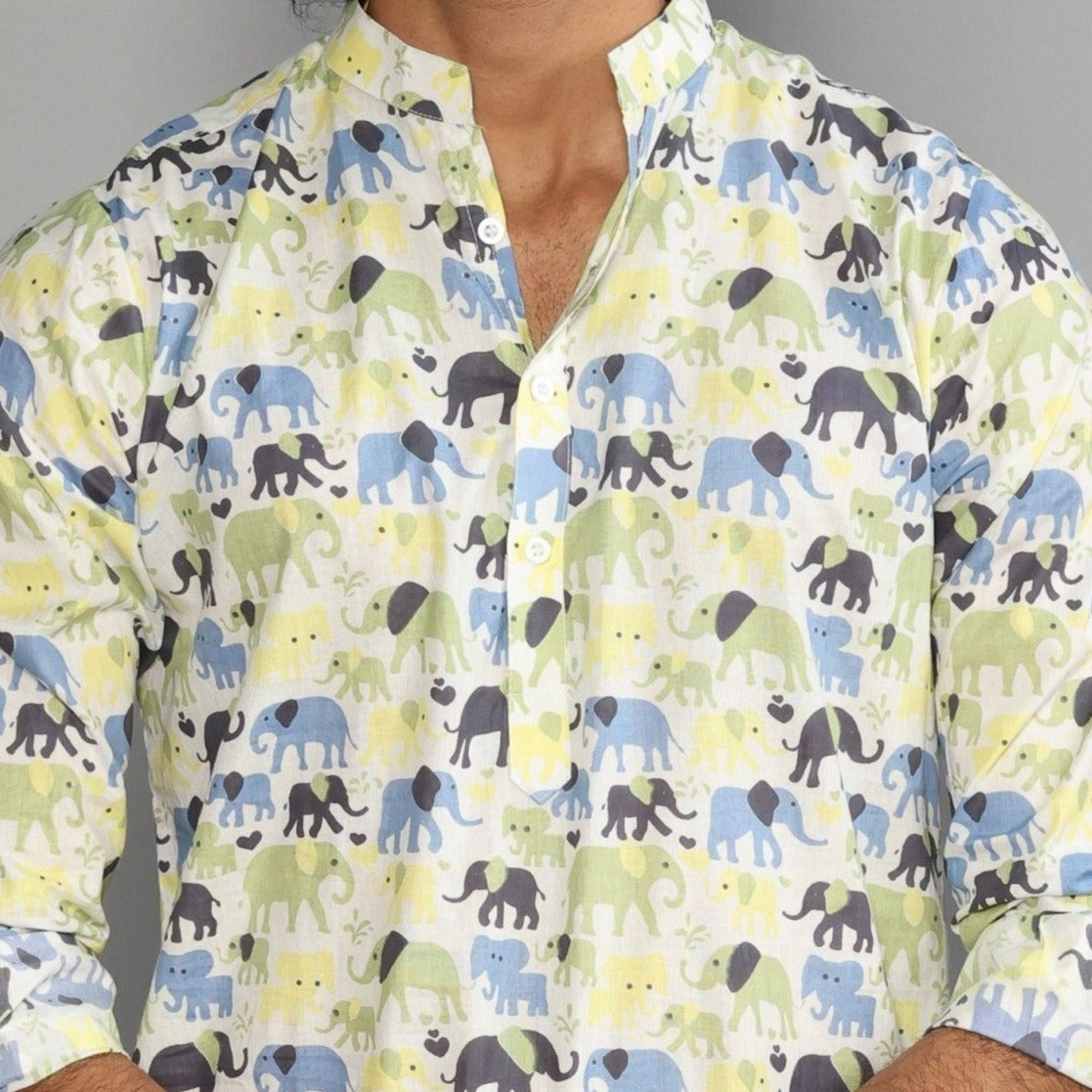 Antique White Elephant Print Sanganeri White Kurta Pyjama Set