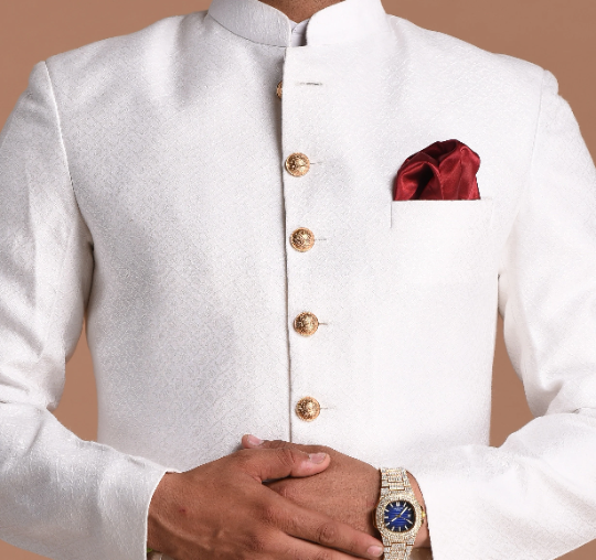 Royal Pearl White Handloom Cotton Jacquard Achkan