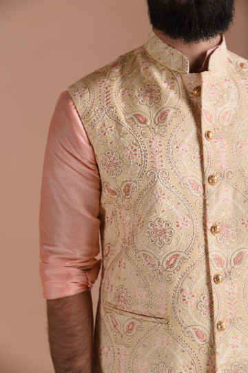 Heavy Lakhnawi Chikankaari Cream Nehru Jacket With Silk Kurta Pajama
