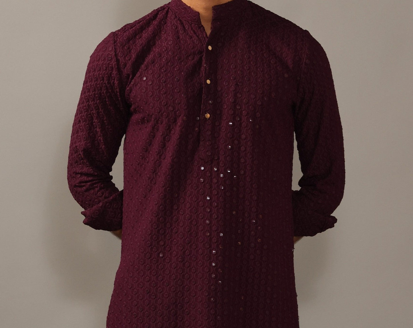 Handmade Wine Chikankaari Embroidered Kurta Pajama Set