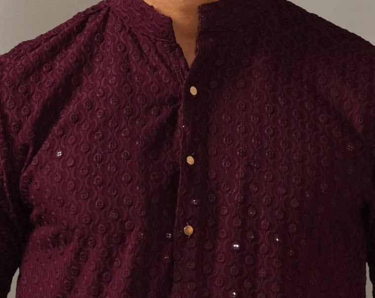 Handmade Wine Chikankaari Embroidered Kurta Pajama Set
