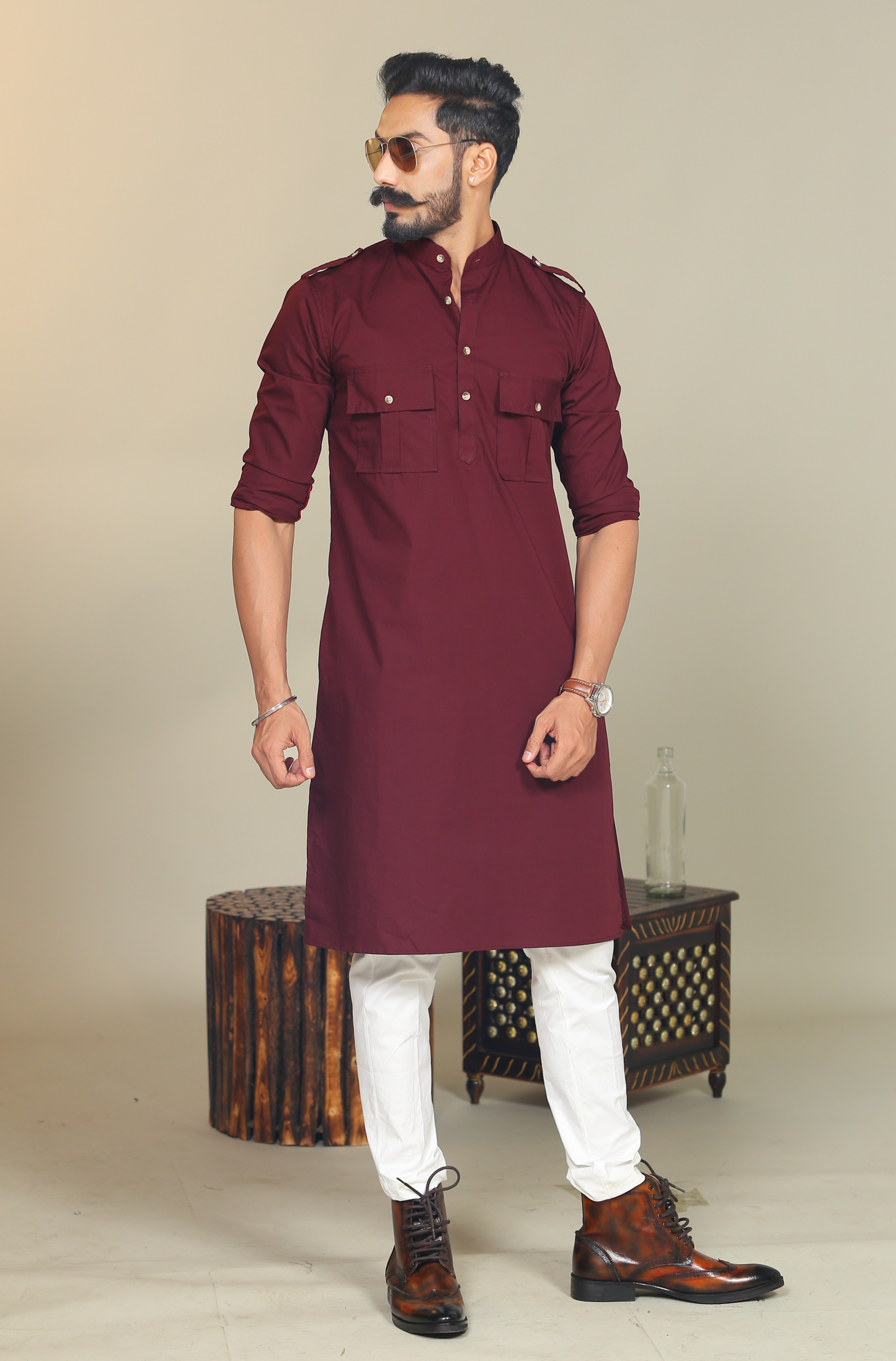 Maroon Short Collared Hunting Style Kurta