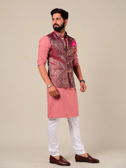 Rosewood Color Kimkhab Half Jodhpuri Jacket With Kurta Pajama Set