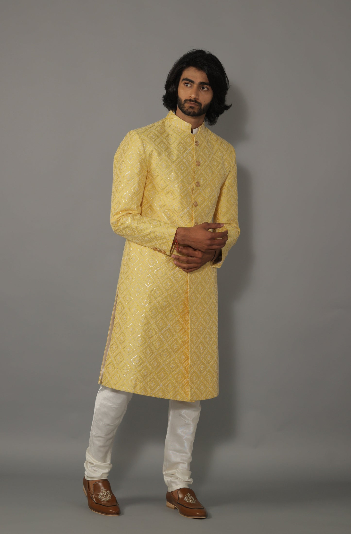 Square Pattern Embroidered Yellow Sherwani With Off White Churidar