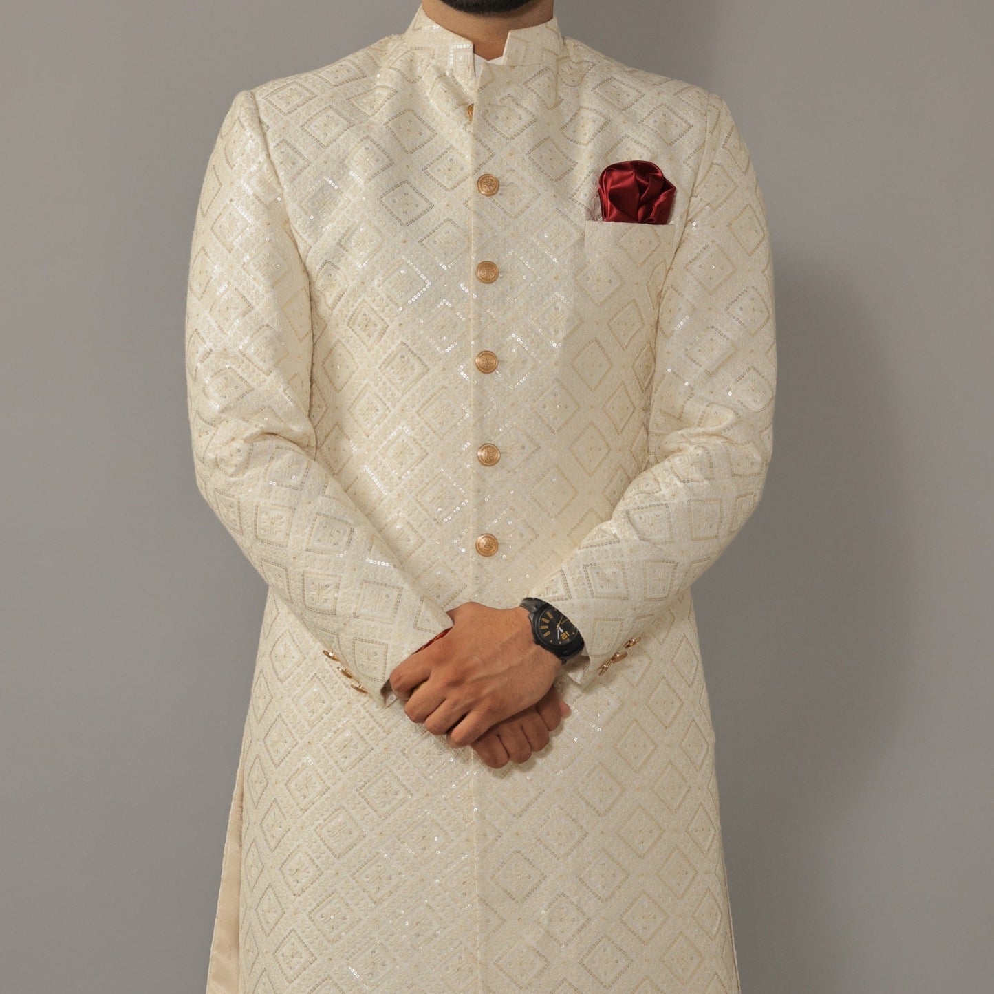 Square Pattern Embroidered White Sherwani for Men | Father Son Combo | Sequin Work | Perfect Groom Wear