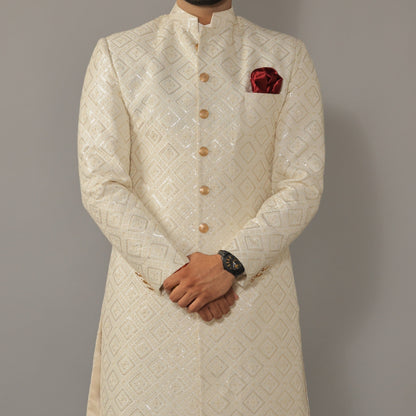 Square Pattern Embroidered White Sherwani for Men | Father Son Combo | Sequin Work | Perfect Groom Wear