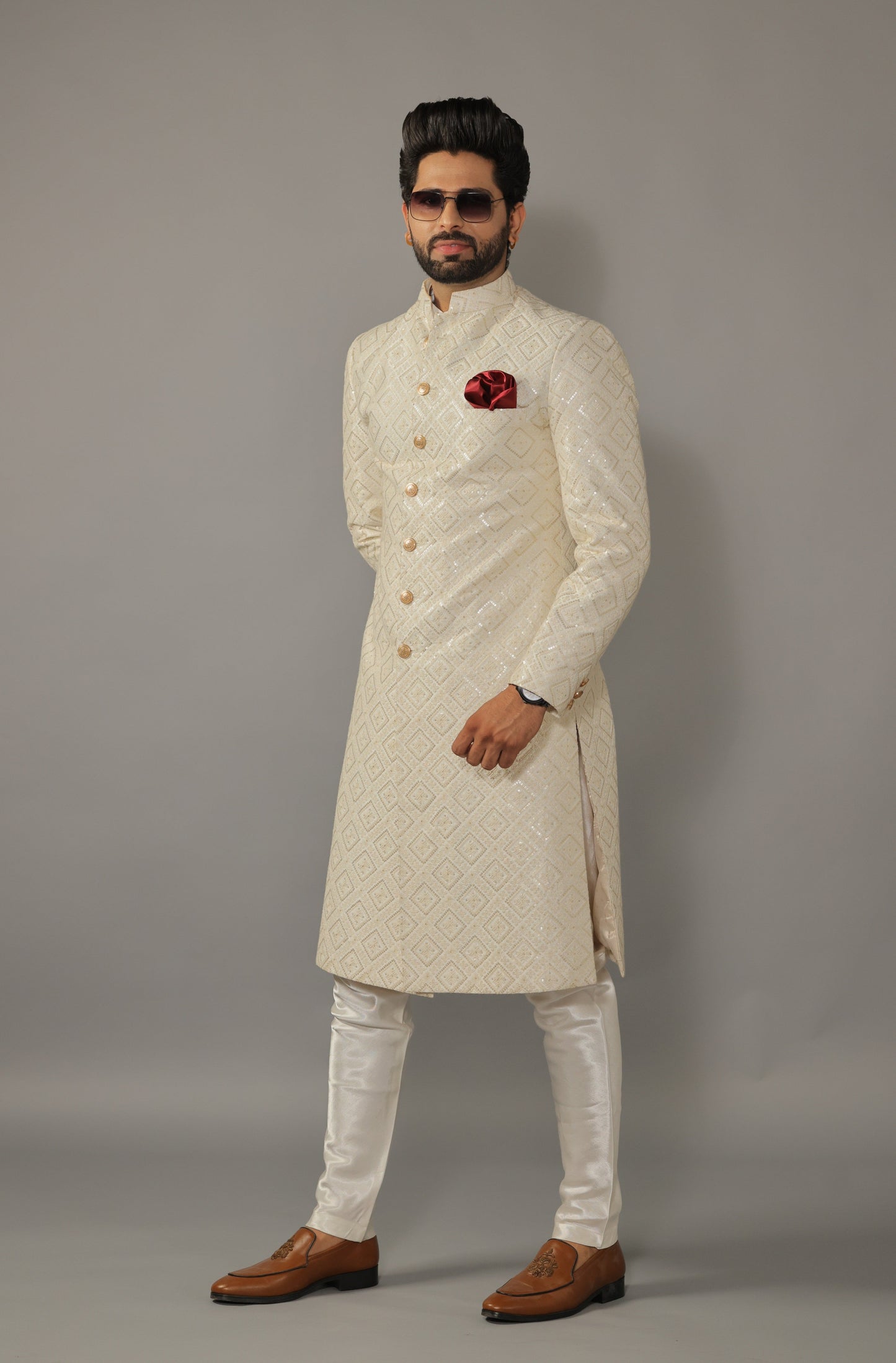 Square Pattern Embroidered White Sherwani for Men | Father Son Combo | Sequin Work | Perfect Groom Wear