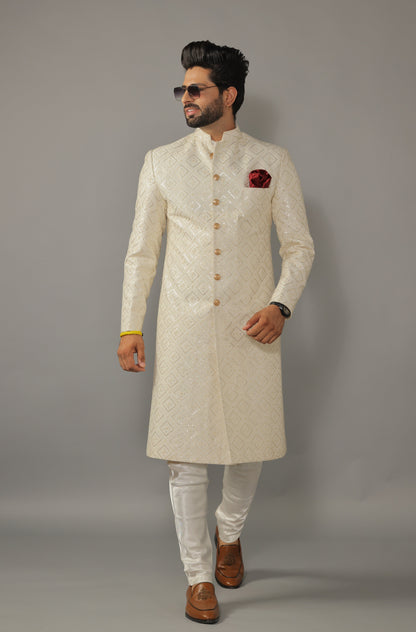 Square Pattern Embroidered White Sherwani for Men | Father Son Combo | Sequin Work | Perfect Groom Wear