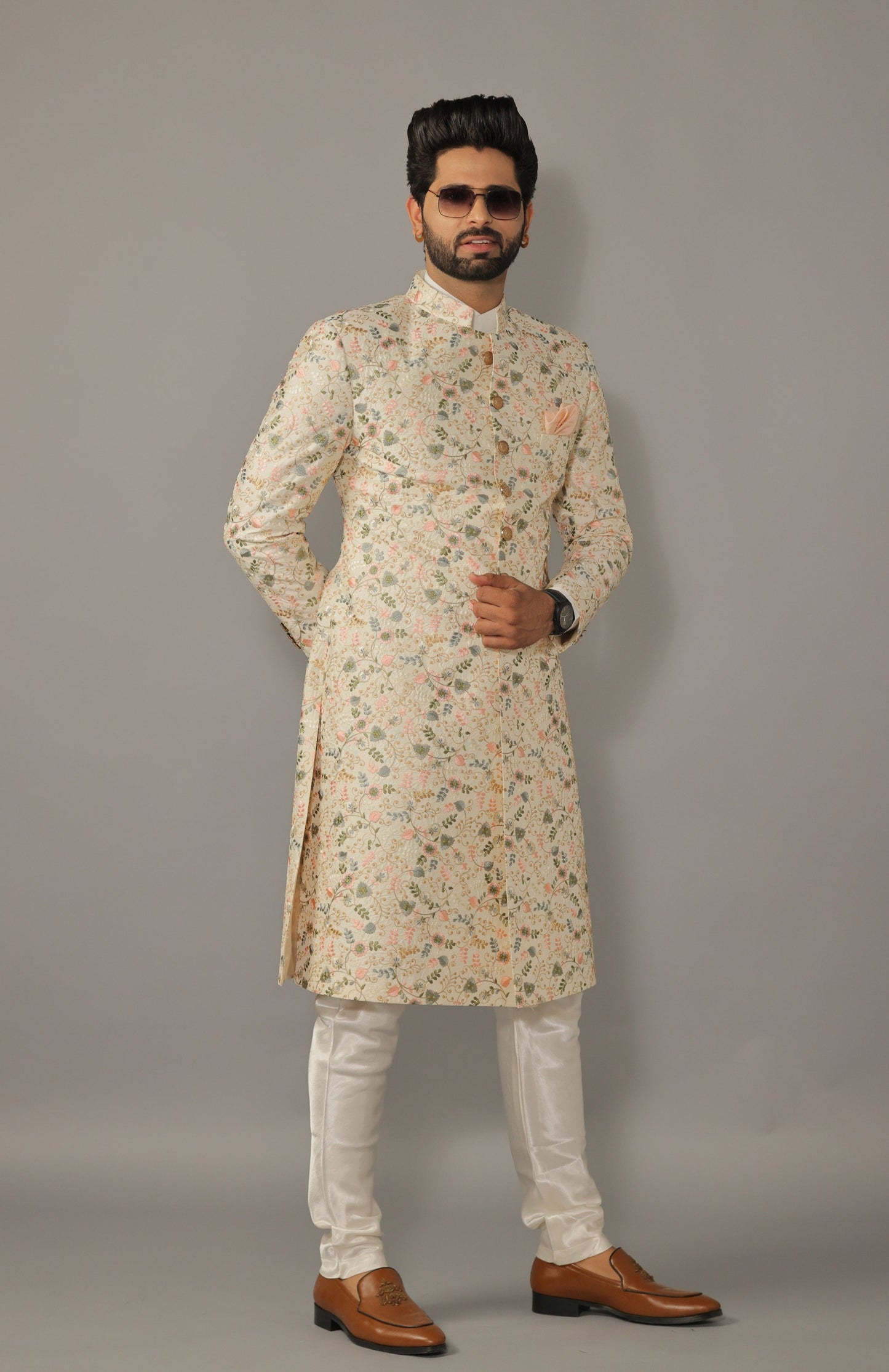 Lucknowi Chikankari Embroidered Pastel Color Sherwani Achkan with Floral Details