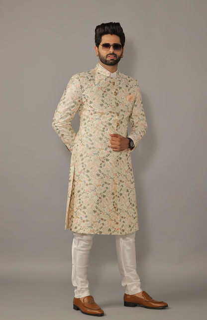 Lucknowi Chikankari Embroidered Pastel Color Sherwani Achkan with Floral Details