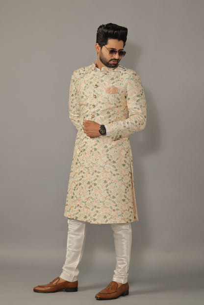 Lucknowi Chikankari Embroidered Pastel Color Sherwani Achkan with Floral Details