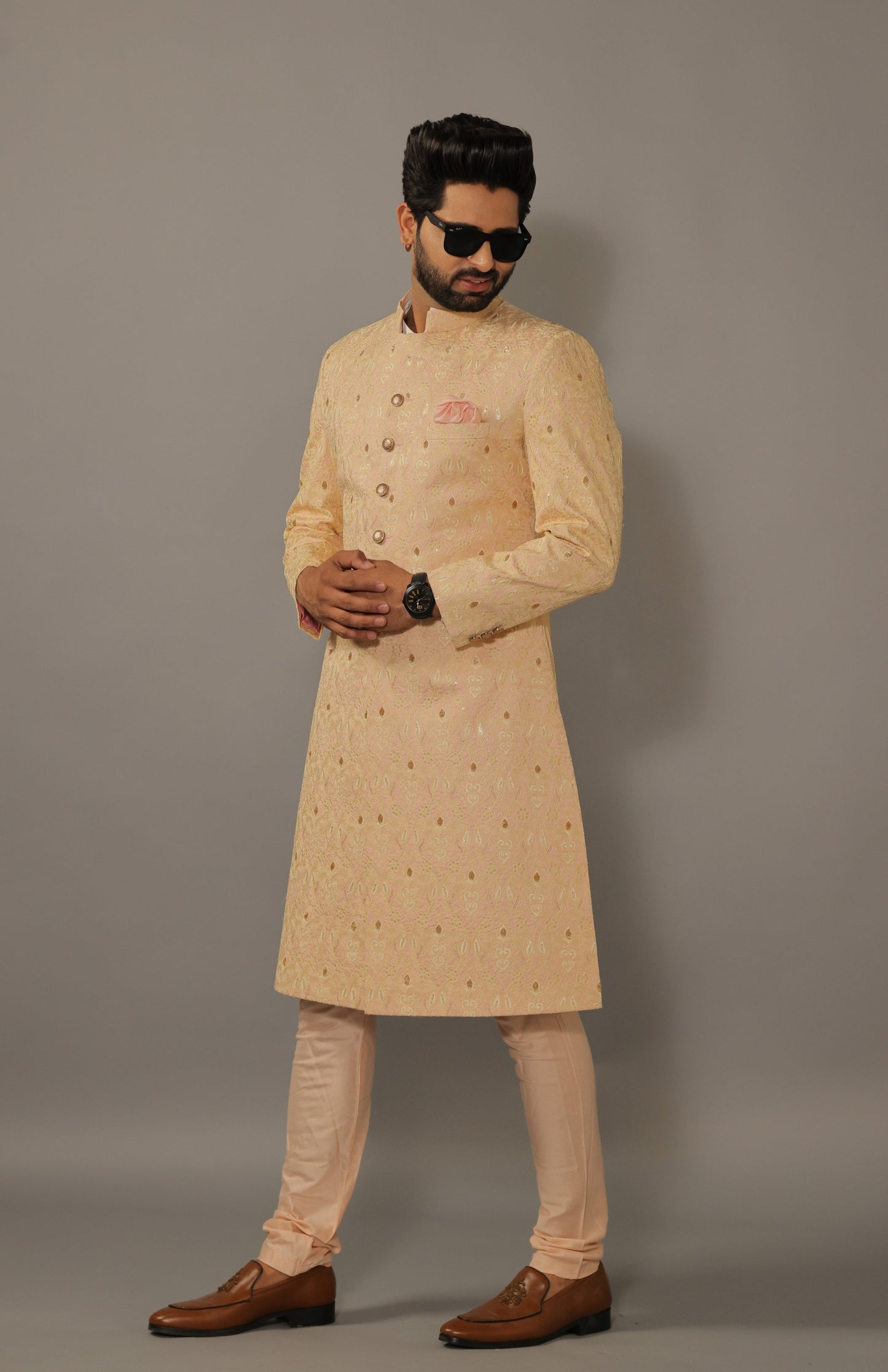 Lucknowi Embroidered Peach Color Achkan with Churidar