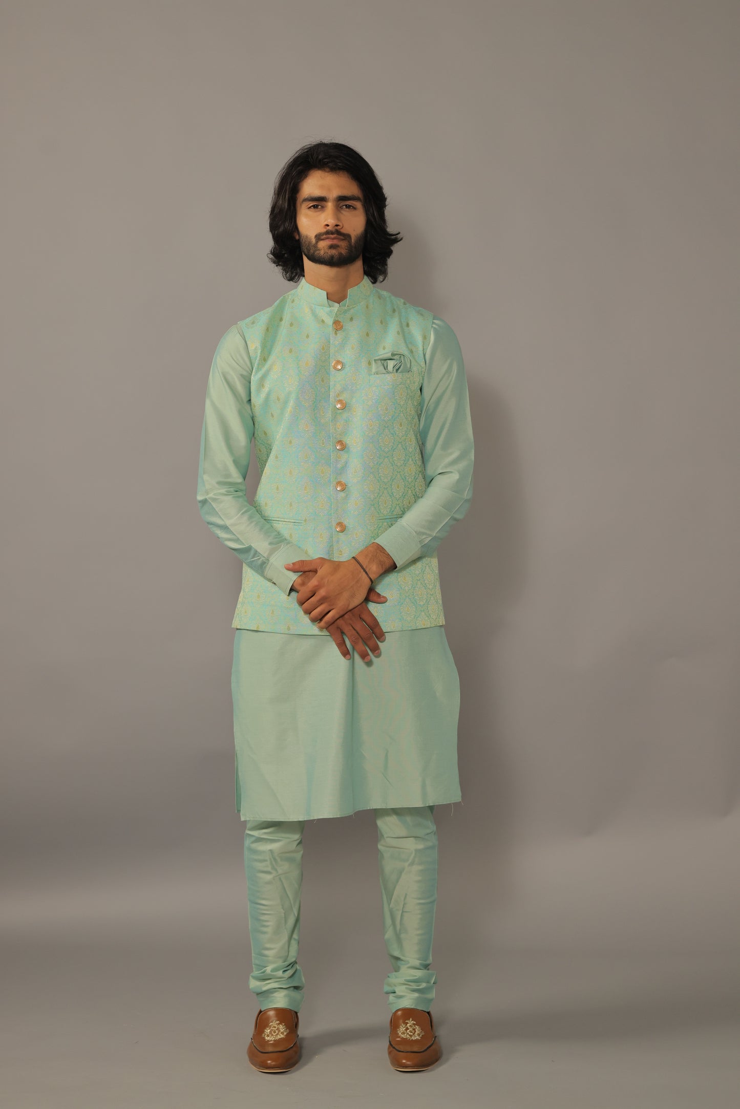 Regal Turquoise Green Banarasi Brocade Nehru Jacket with Silk Kurta Pajama Set