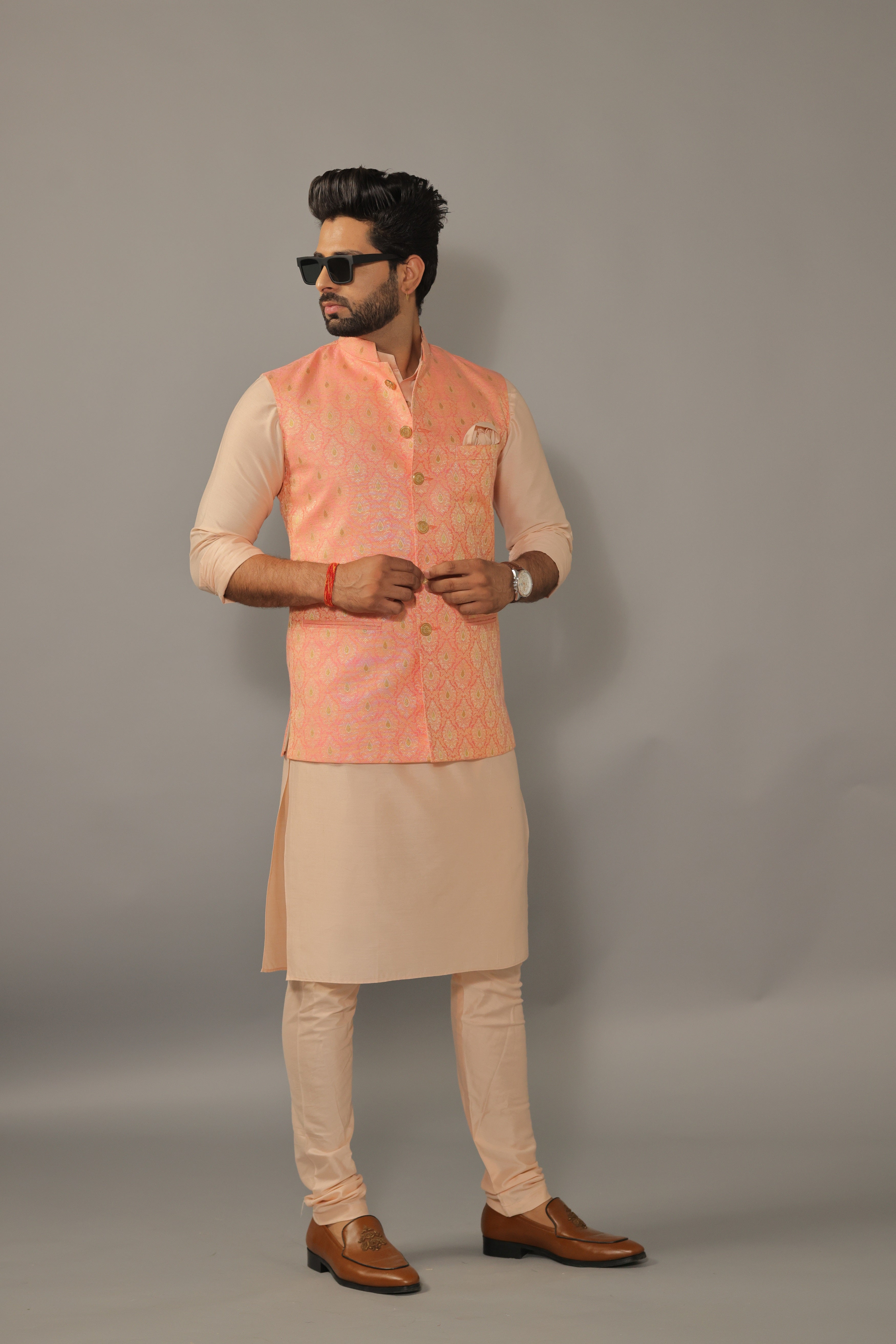 Woven Dupion Silk Kurta Jacket Set in Off White and Peach : MTX1824