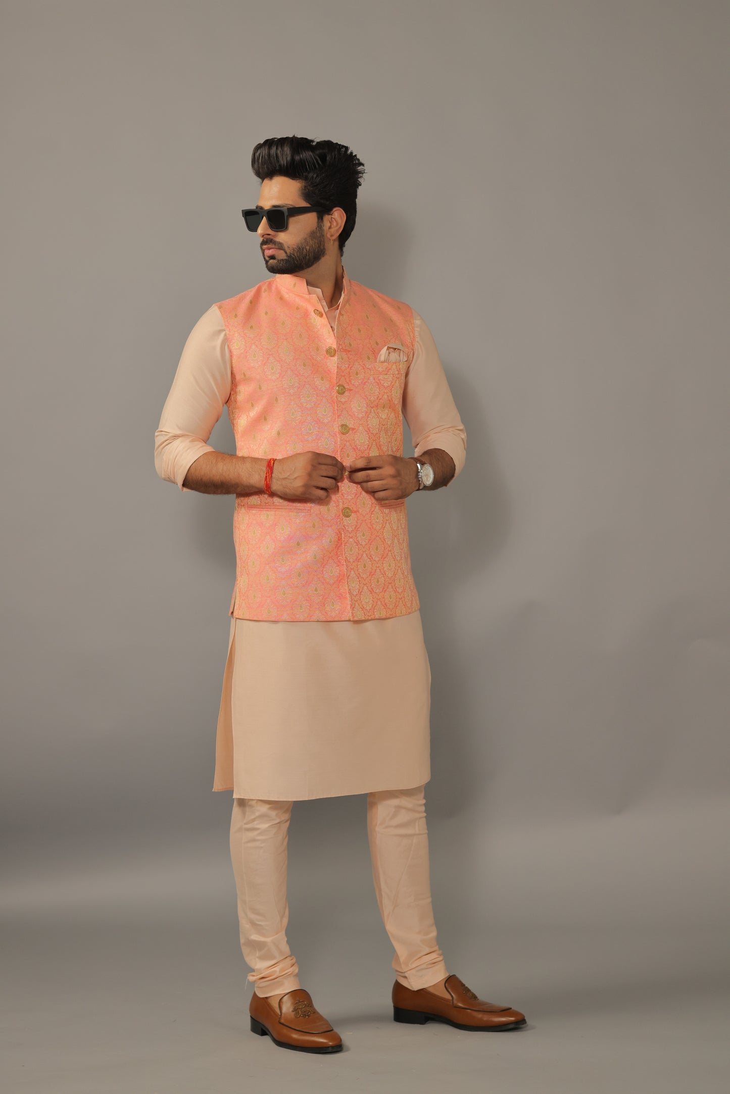 Peach Kurta Pajama Set With Amber Peach Banarasi Nehru Jacket