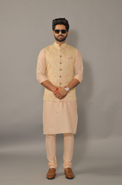 Peach Kurta Pajama Set with Luckhnawi Embroidery Peach Color Nehru Jacket - Handcrafted