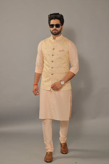 Peach Kurta Pajama Set with Luckhnawi Embroidery Peach Color Nehru Jacket - Handcrafted