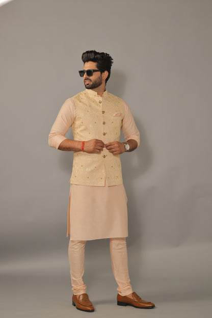 Peach Kurta Pajama Set with Luckhnawi Embroidery Peach Color Nehru Jacket - Handcrafted