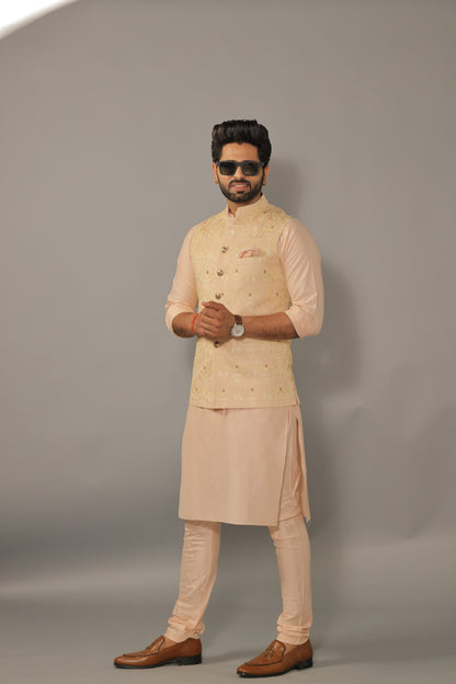 Peach Kurta Pajama Set with Luckhnawi Embroidery Peach Color Nehru Jacket - Handcrafted