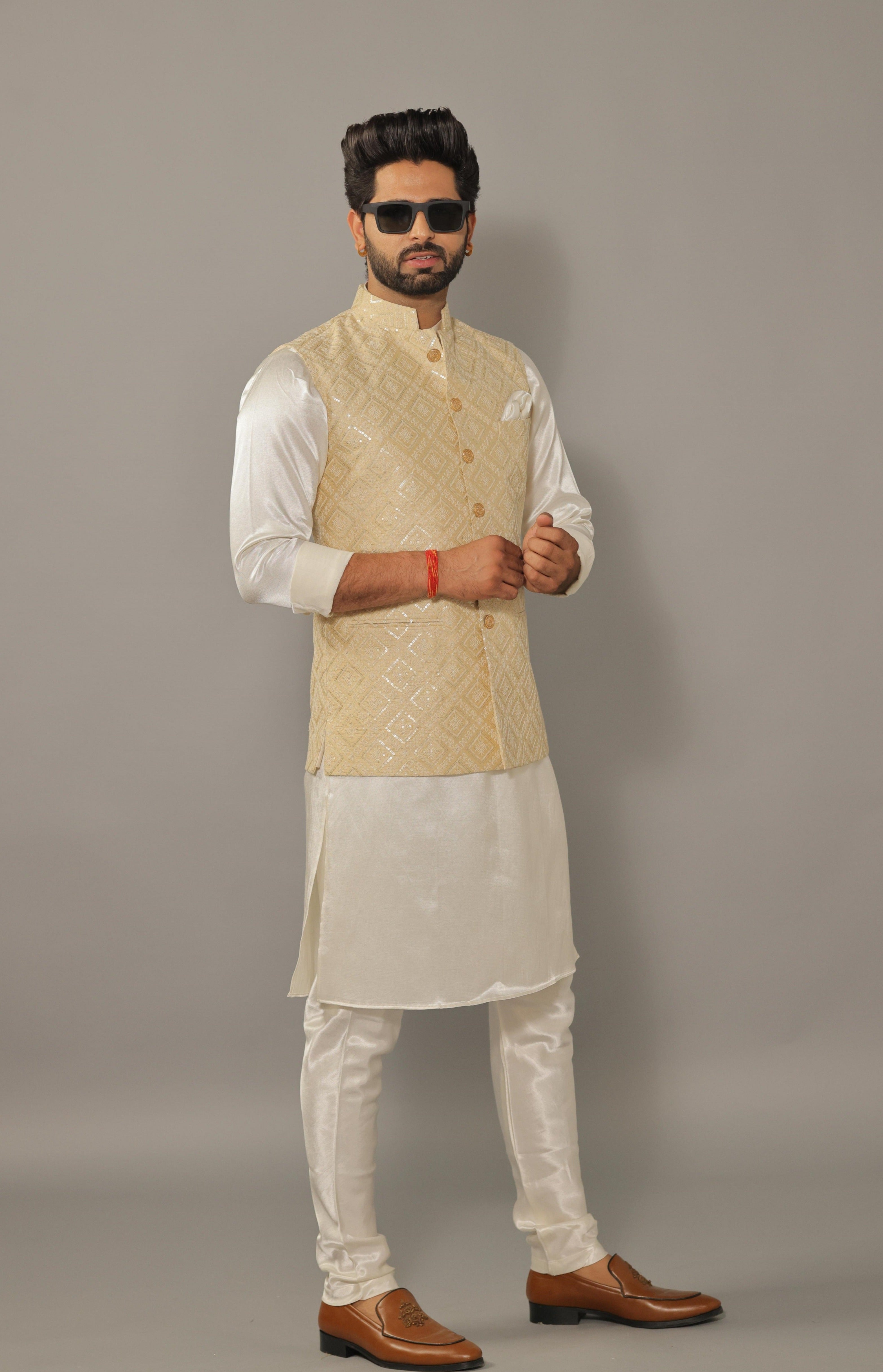 White kurta with golden on sale waistcoat