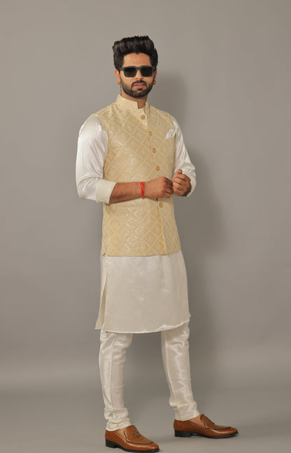 Off-White Kurta Pajama Set with Luckhnawi Embroidery Beige Color Nehru Jacket - Handcrafted