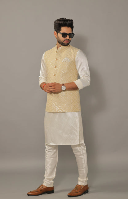 Off-White Kurta Pajama Set with Luckhnawi Embroidery Beige Color Nehru Jacket - Handcrafted