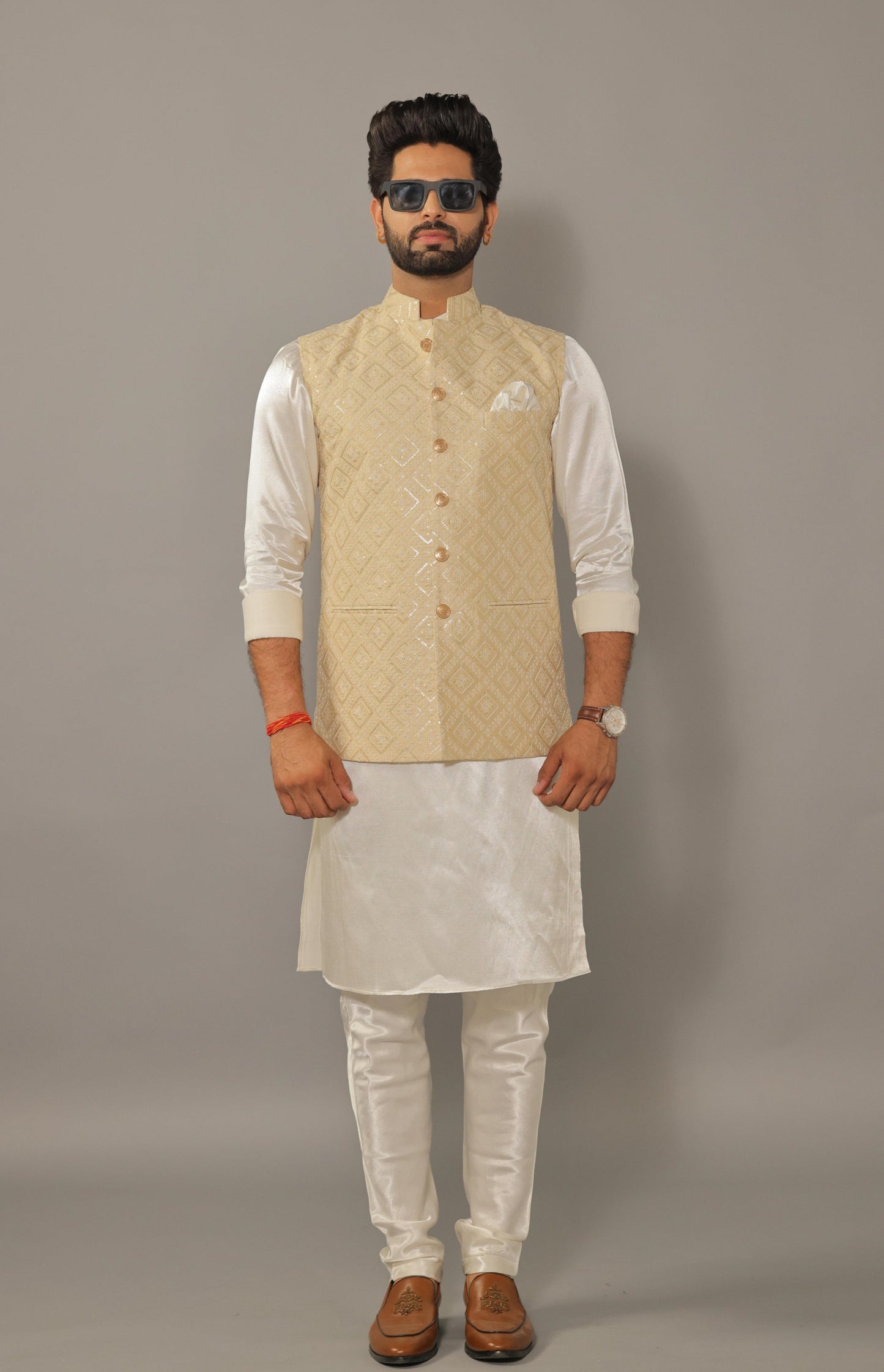 Off-White Kurta Pajama Set with Luckhnawi Embroidery Beige Color Nehru Jacket - Handcrafted