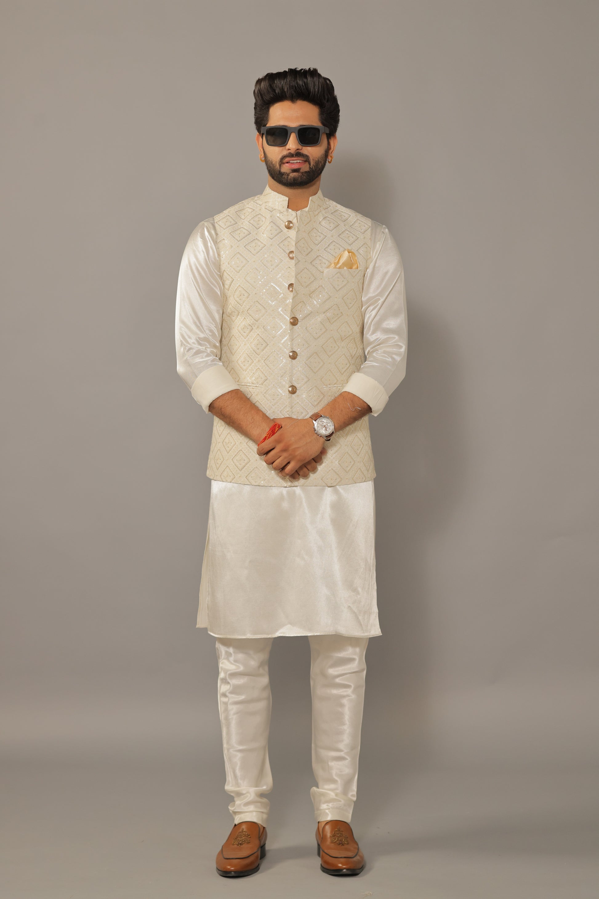 Off-White Kurta Pajama Set with Luckhnawi Embroidery White Color Nehru Jacket Handcrafted My Personal Fit XS