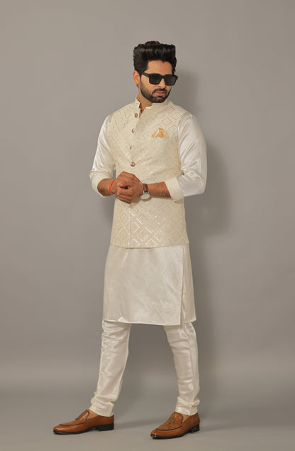 Off-White Kurta Pajama Set with Luckhnawi Embroidery White Color Nehru Jacket - Handcrafted