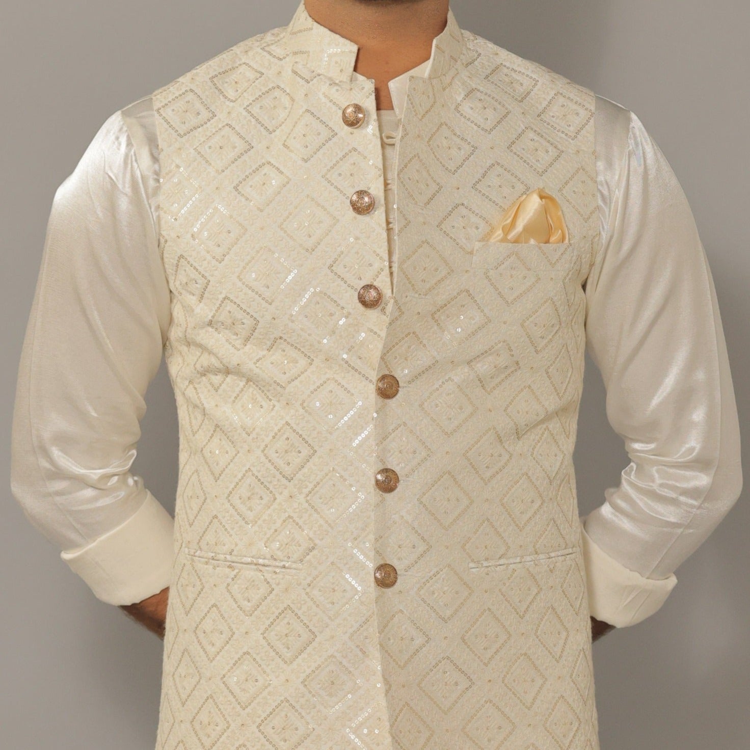 Readymade White Kurta Pajama & Printed Nehru Jacket 1045MW03