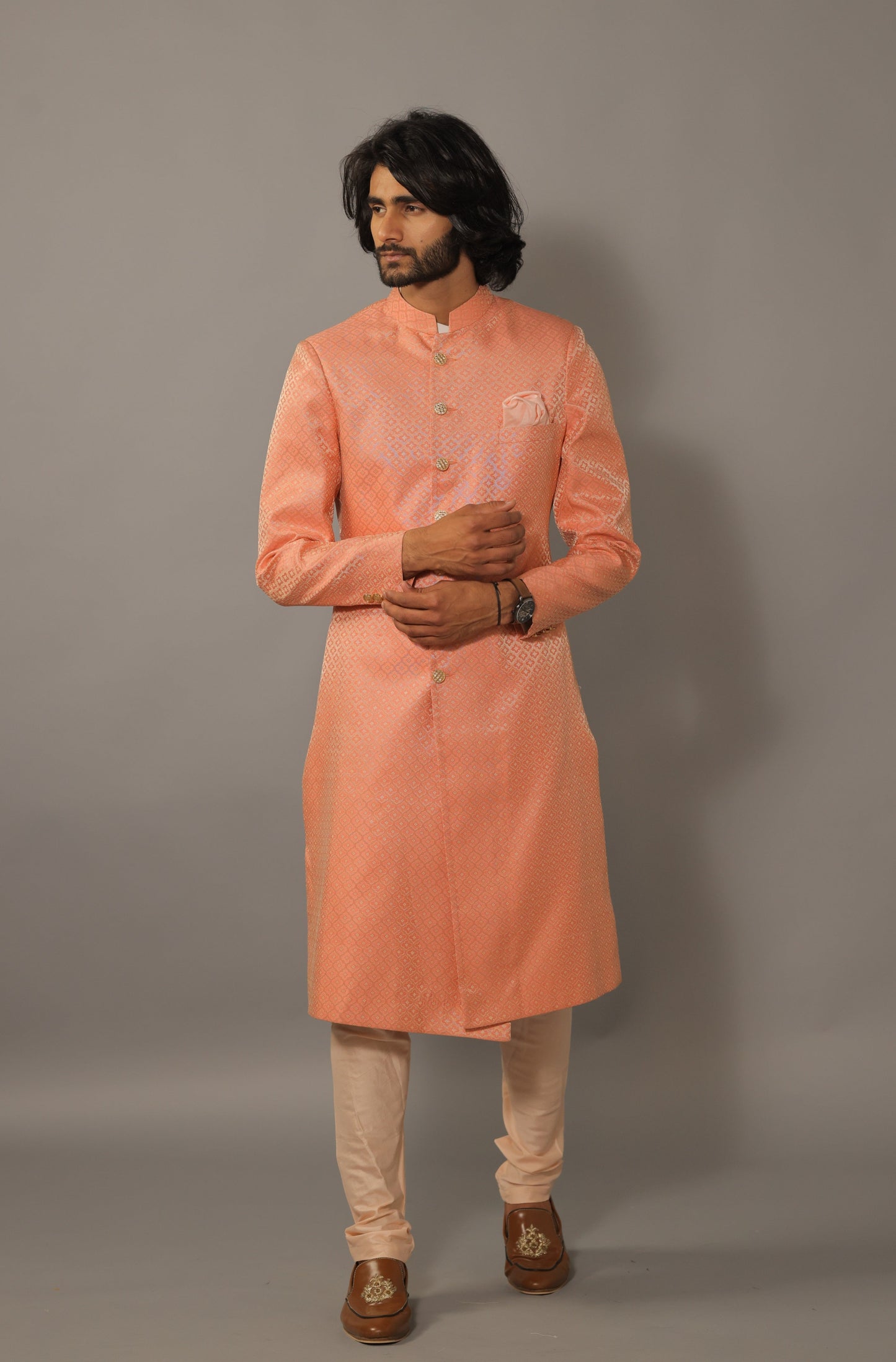 Handcrafted Brocade Achkan for Men | Morrocan Pattern Self Embroidered | Father Son Combo | Pink Color | Perfect for Groom Wear