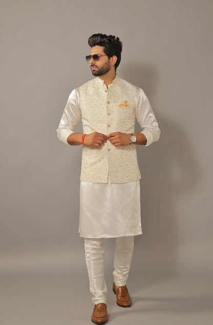 Off White Kurta Payjama Set With Floral Embroidery Jacket -Handcrafted