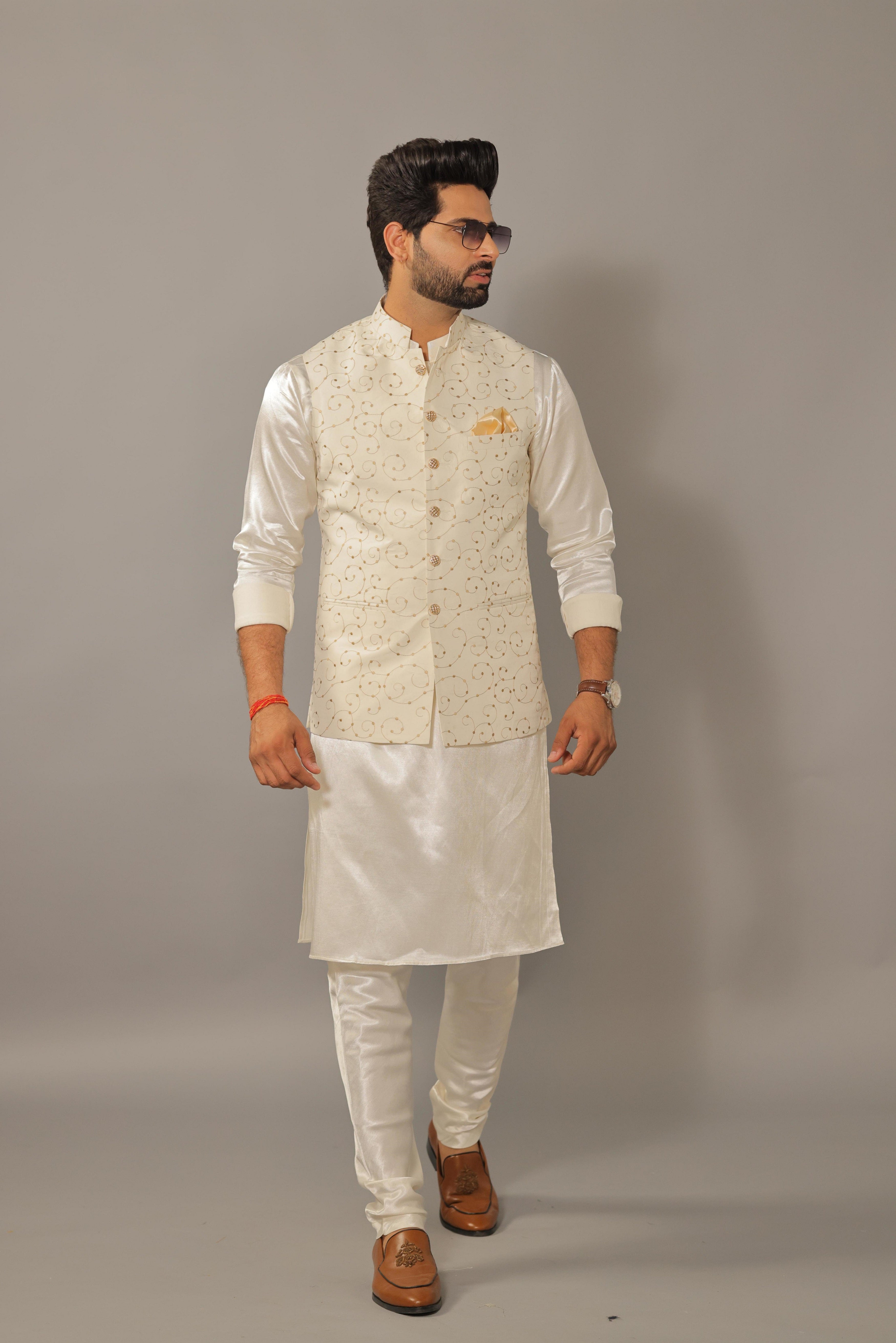 White kurta best sale with waistcoat