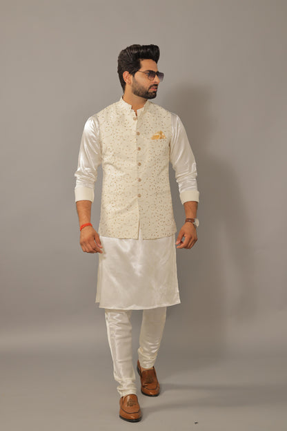 Off White Kurta Payjama Set With Floral Embroidery Jacket -Handcrafted