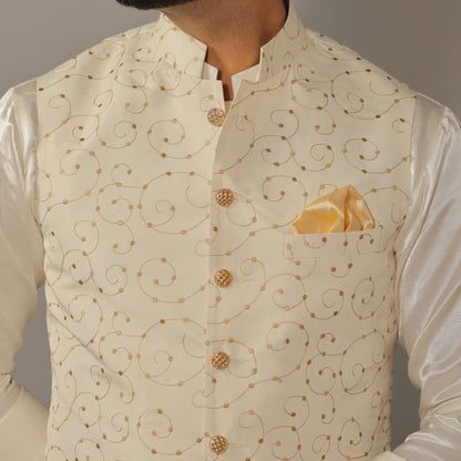 Off White Kurta Payjama Set With Floral Embroidery Jacket -Handcrafted