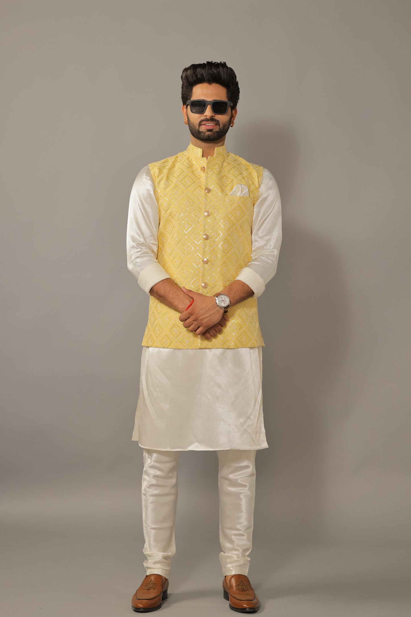 Off-White Kurta Pajama Set with Luckhnawi Embroidery Yellow Color Nehru Jacket