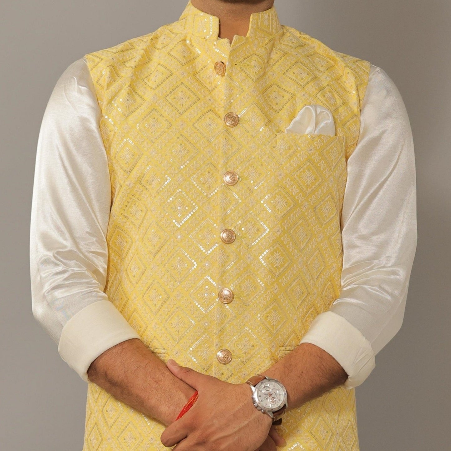 Off-White Kurta Pajama Set with Luckhnawi Embroidery Yellow Color Nehru Jacket